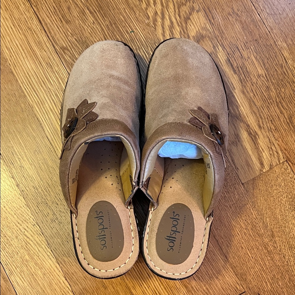 Softspots Tan Suede Slip-On Clogs with Decorative Buckle